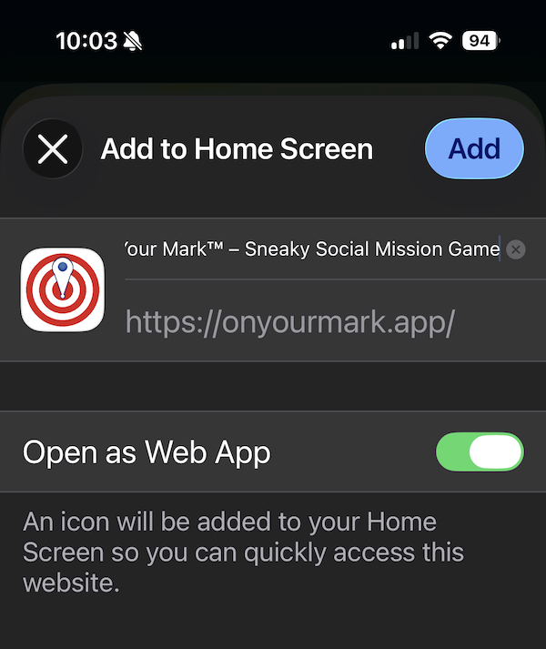 Adding OnYourMark as a Web App on the home screen