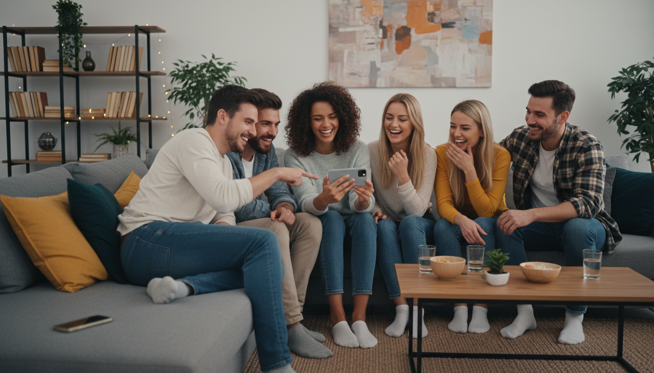 Group of friends at a house party smiling and laughing, one person taking a photo or sharing something on their phone