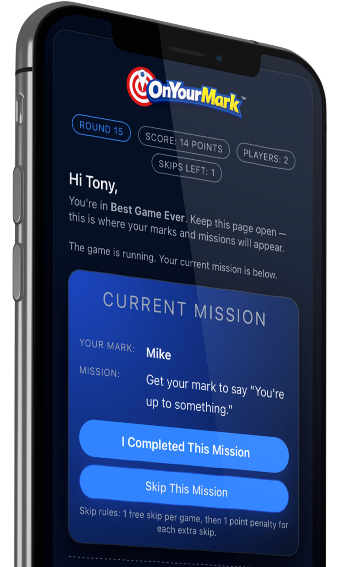 Phone screen with the game showing a mission to the player.